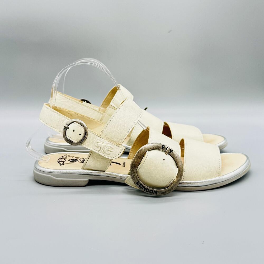 FLY London Sandals Womens 10 White Leather Slingback Buckle Strap Flat Shoes